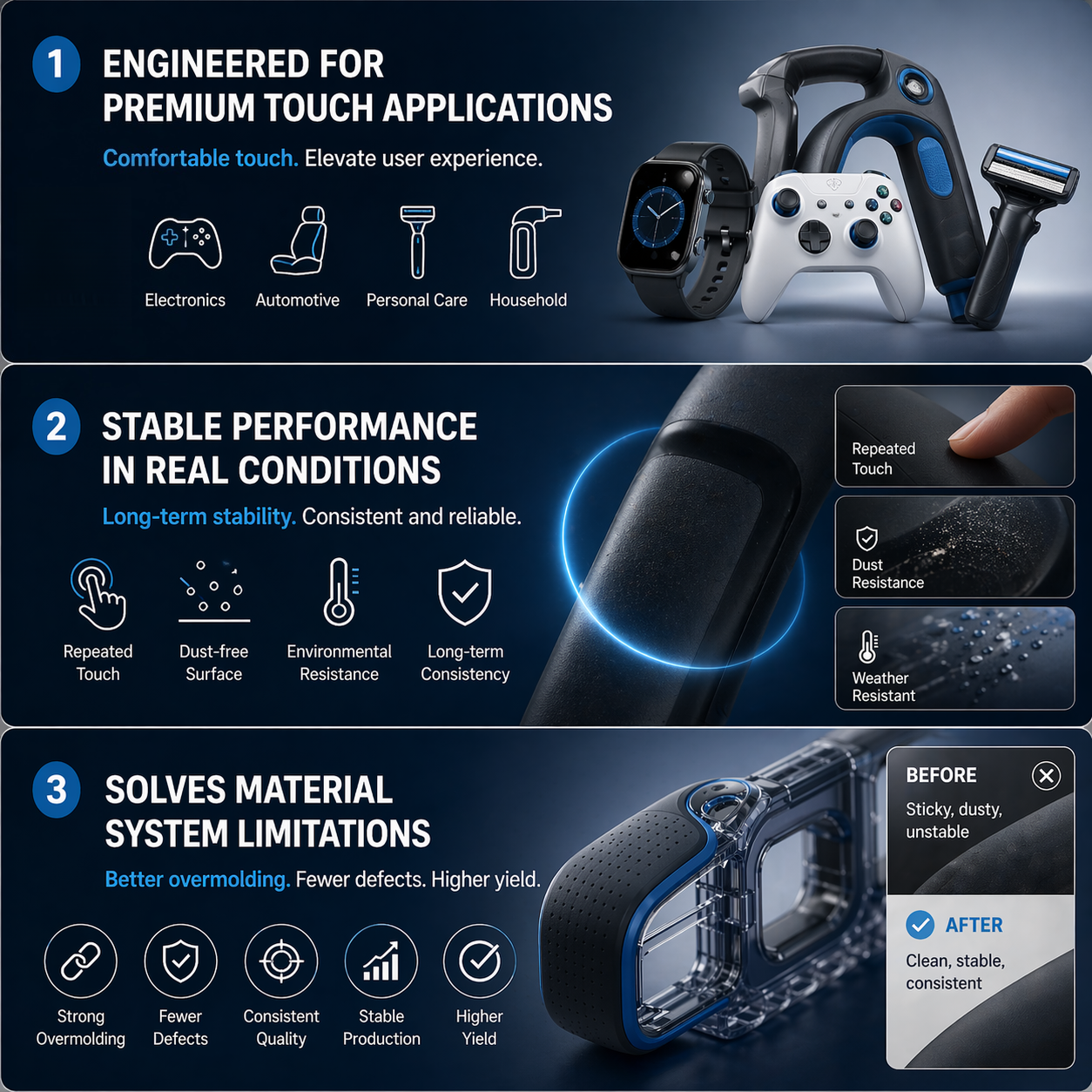 Si-TPV enables stable soft-touch and overmolding applications.