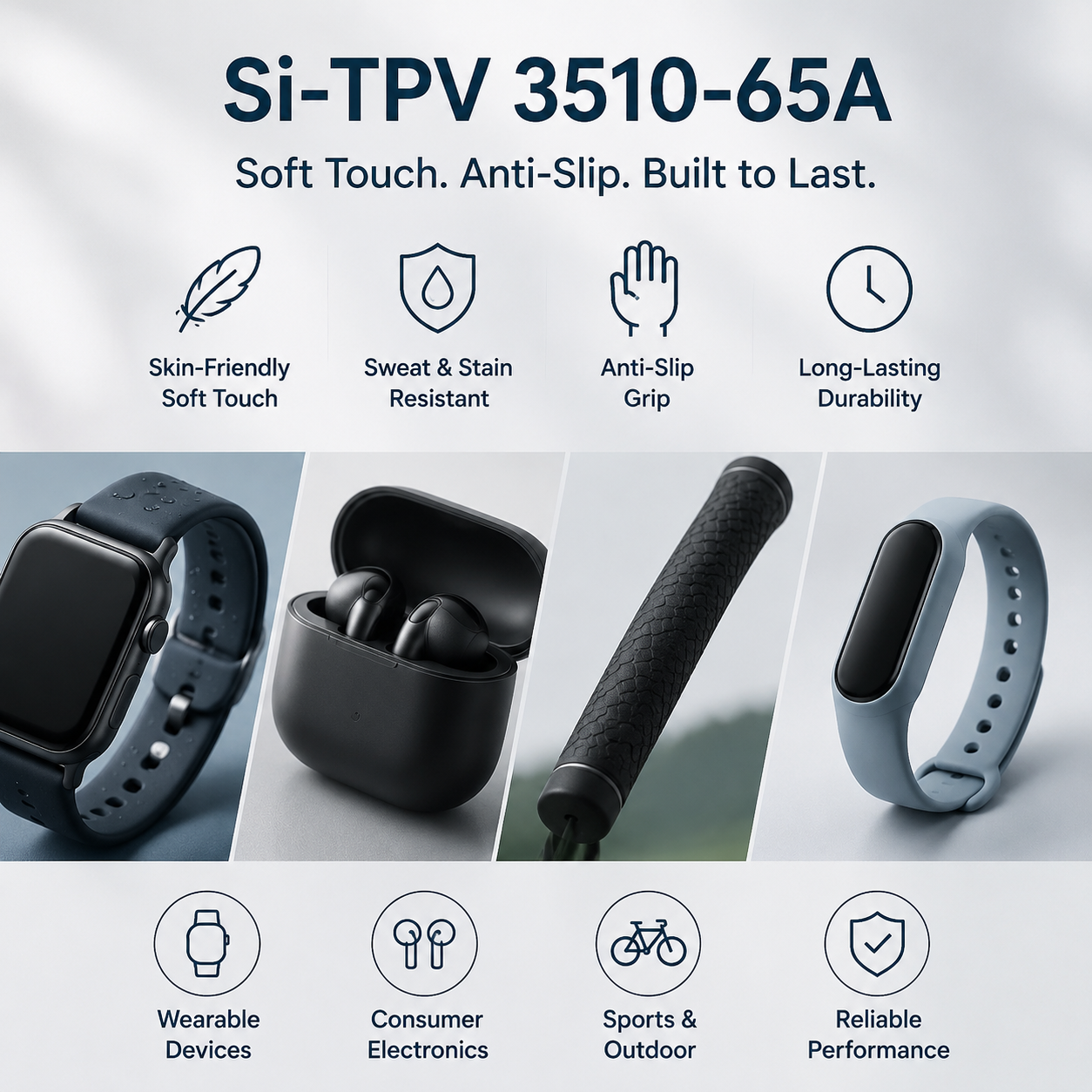 Showcasing Si-TPV 3510-65A’s soft-touch comfort, anti-slip grip, and durable performance for wearable devices, consumer electronics, and sports applications.