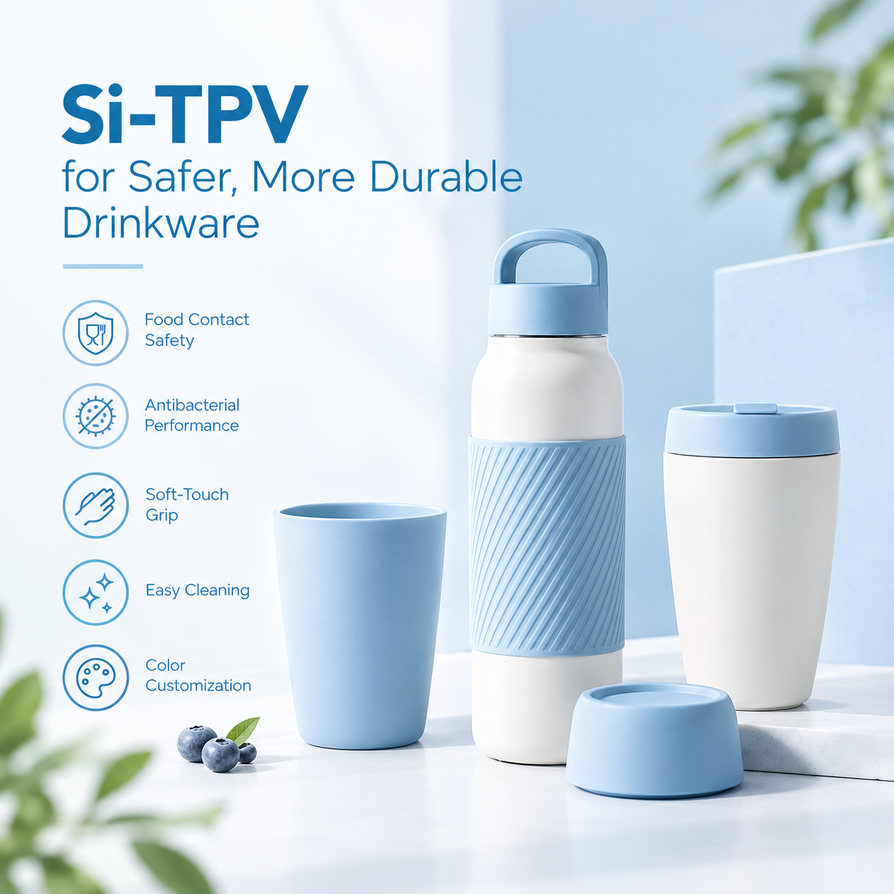 Si-TPV Soft-Touch Elastomers for Drinkware – Supporting Comfortable Grip, Easy Cleaning, and Durable Surface Appearance.