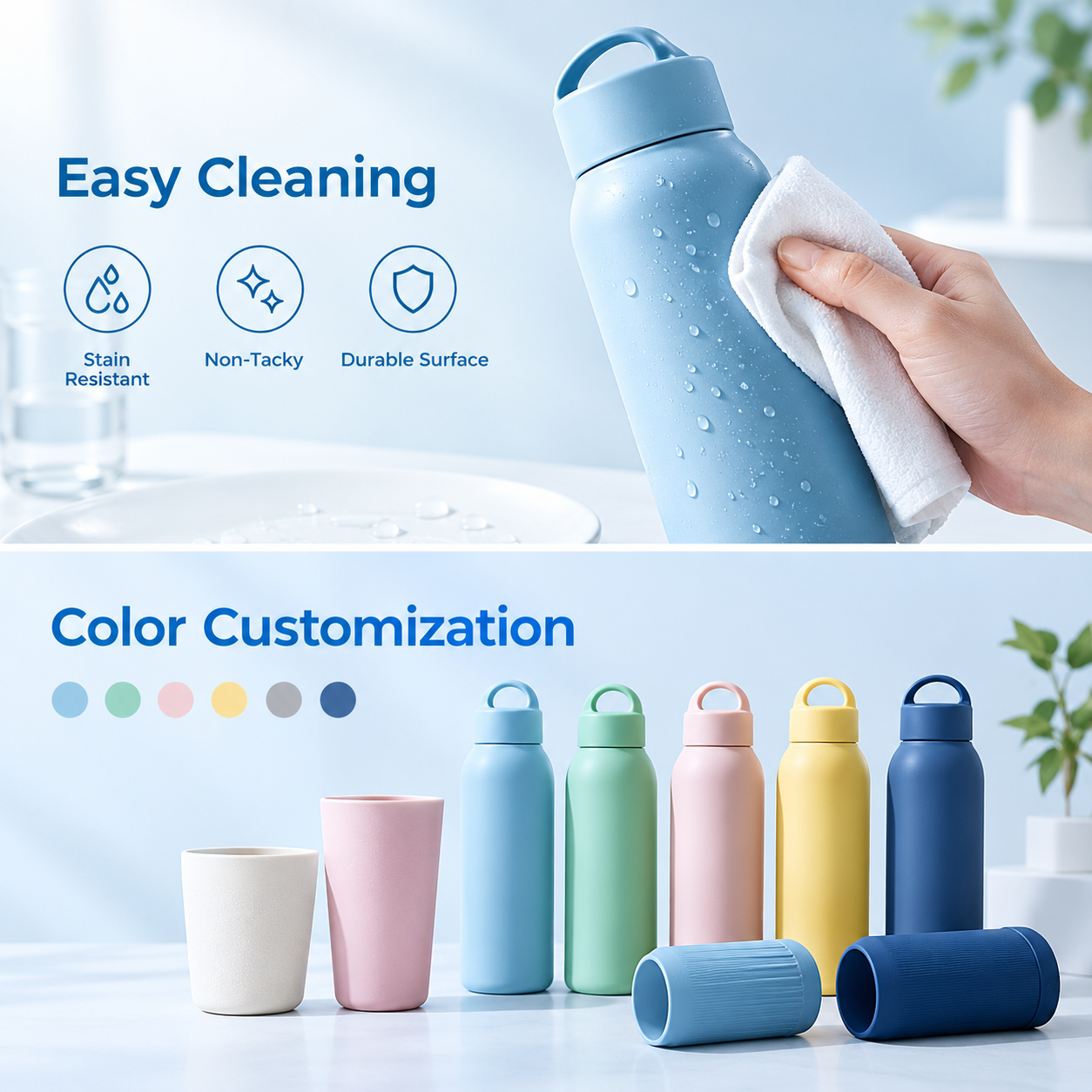 Si-TPV Soft-Touch Elastomers for Reusable Drinkware – Easy-Clean, Non-Tacky Surfaces and Customizable Colors for Bottle Sleeves and Cups.
