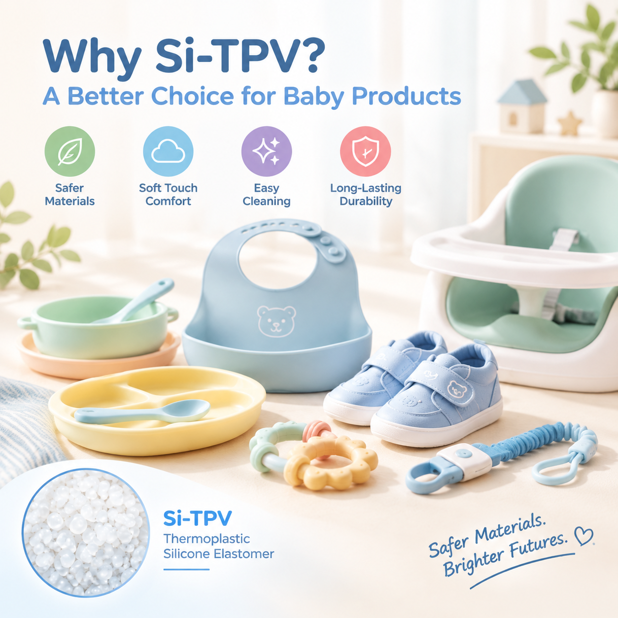Si-TPV thermoplastic silicone elastomer enables skin-friendly baby products with soft touch comfort, easy-clean surfaces, plasticizer-free material benefits, and durable performance.