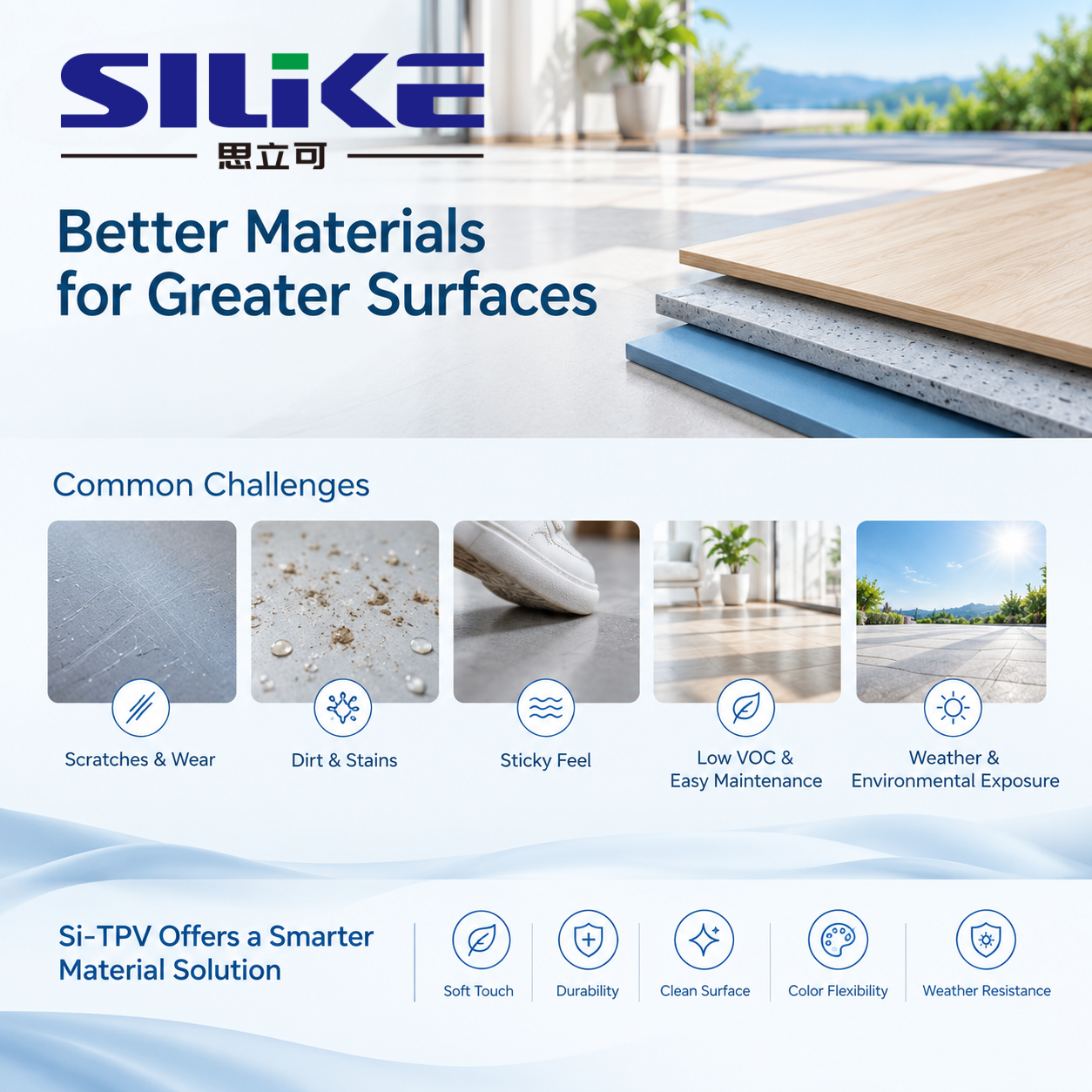 SILIKE Si-TPV Silicone-Based Thermoplastic Elastomers for flooring and surface applications, offering soft touch, durability, scratch and stain resistance, easy cleaning, and weather resistance.