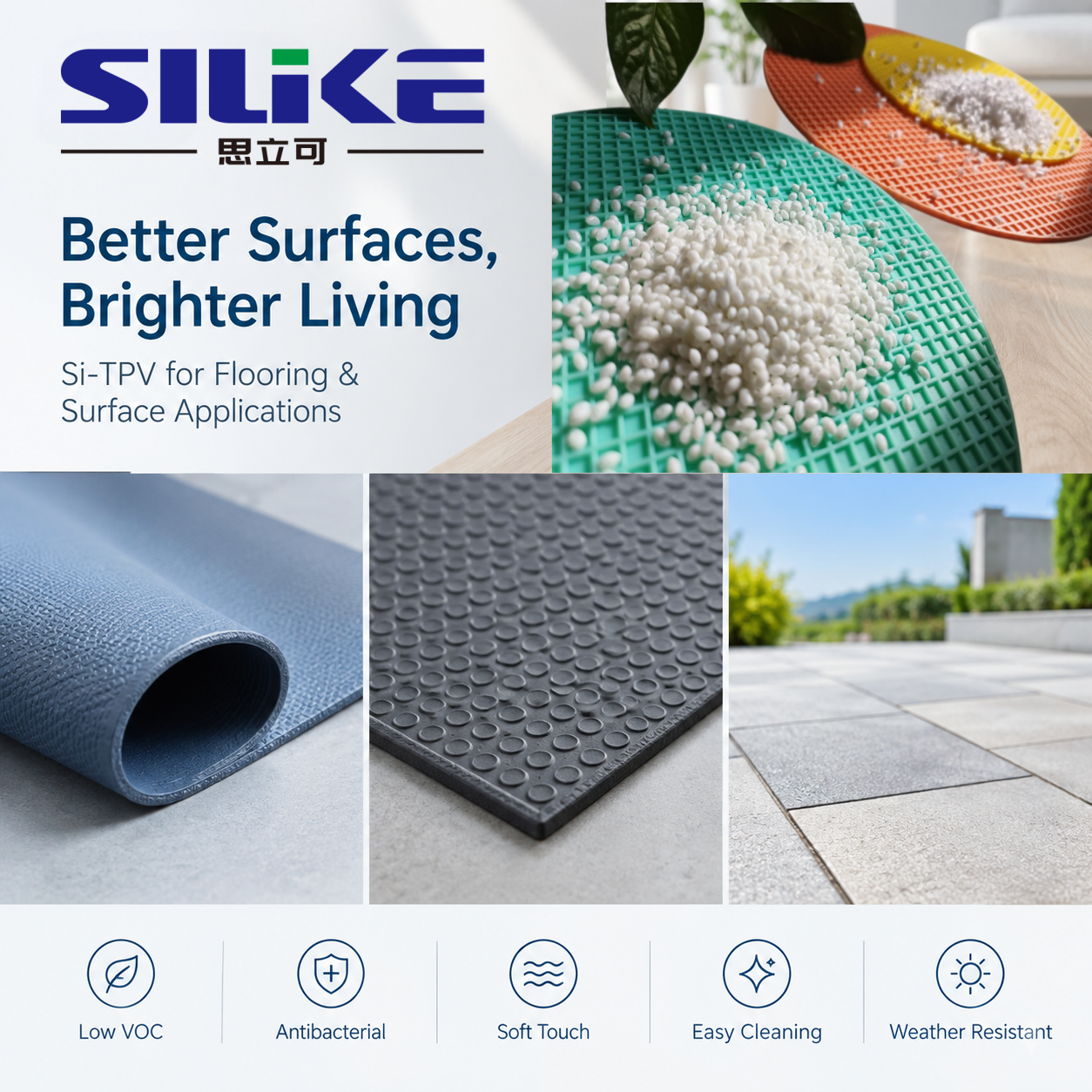 Si-TPV Silicone-Based Thermoplastic Elastomers for flooring, anti-slip mats, and outdoor surfaces, offering soft touch, stain resistance, easy cleaning, and weather resistance.