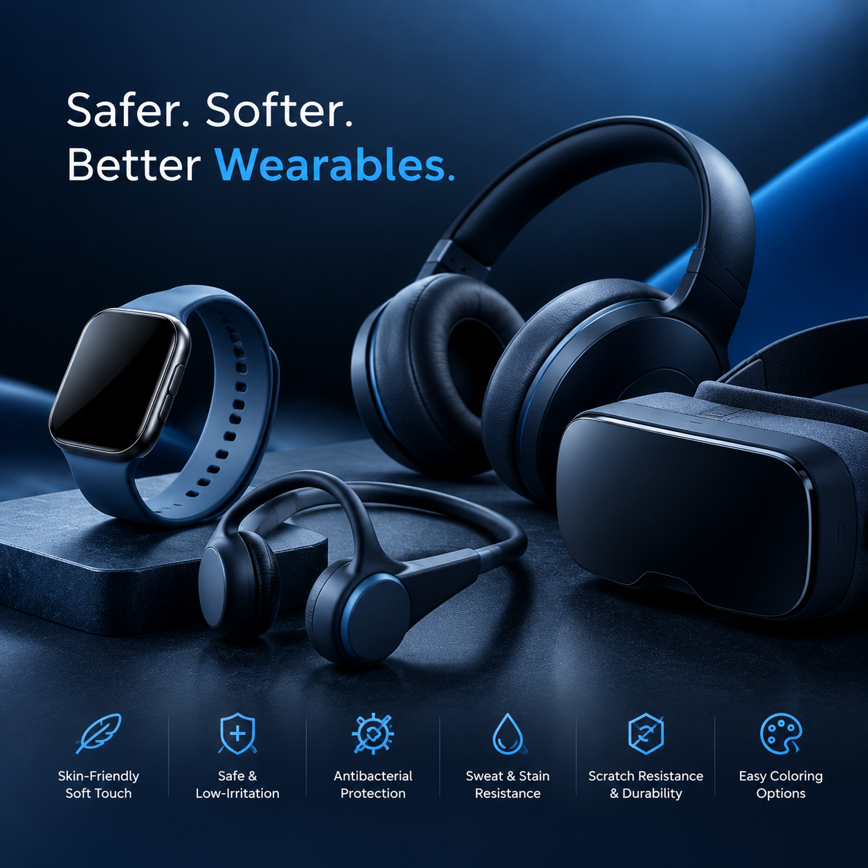 Smart watches, headphones, and VR devices using Si-TPV soft touch elastomer for safe, comfortable, and durable skin contact.