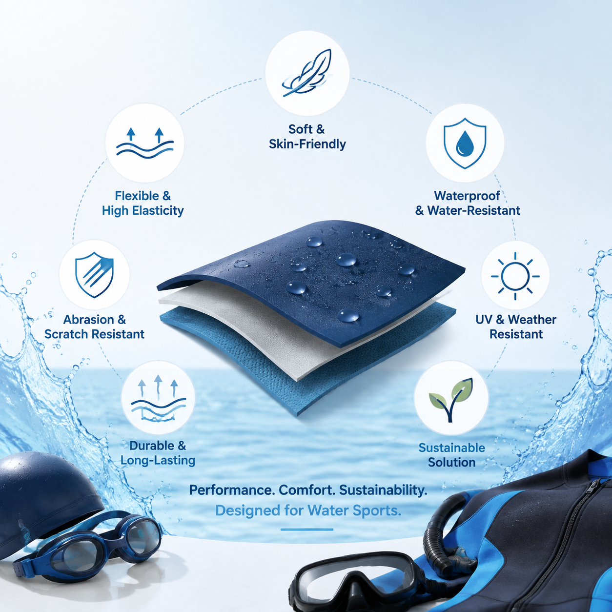 Discover Si-TPV Film & Fabric Lamination with soft touch, waterproof durability, UV resistance, and sustainable performance for swim and dive equipment.