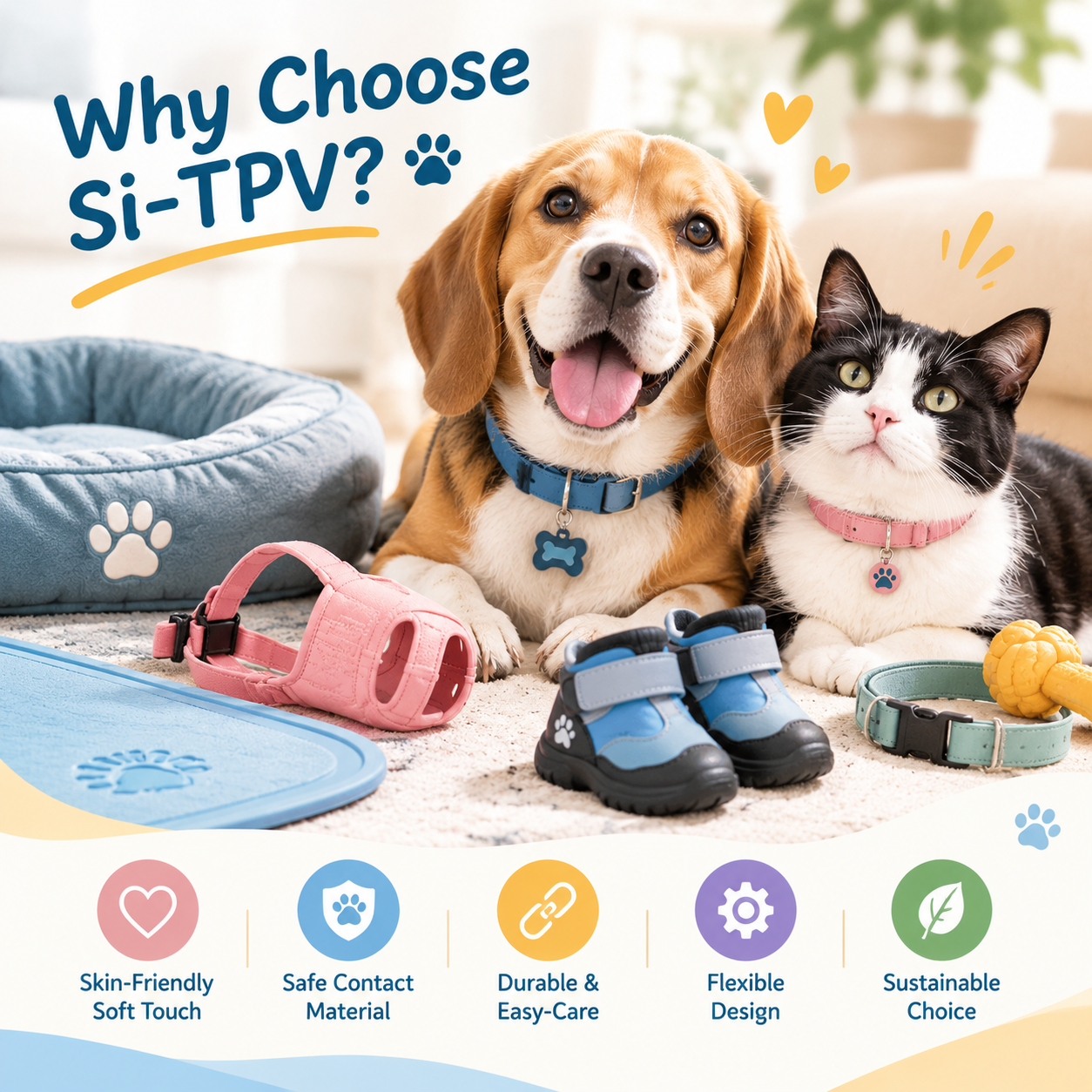 Pet collars, paw boots, and mats made with Si-TPV soft touch elastomer solutions, delivering safe contact, silky comfort, durable surfaces, flexible design, and sustainable material advantages.
