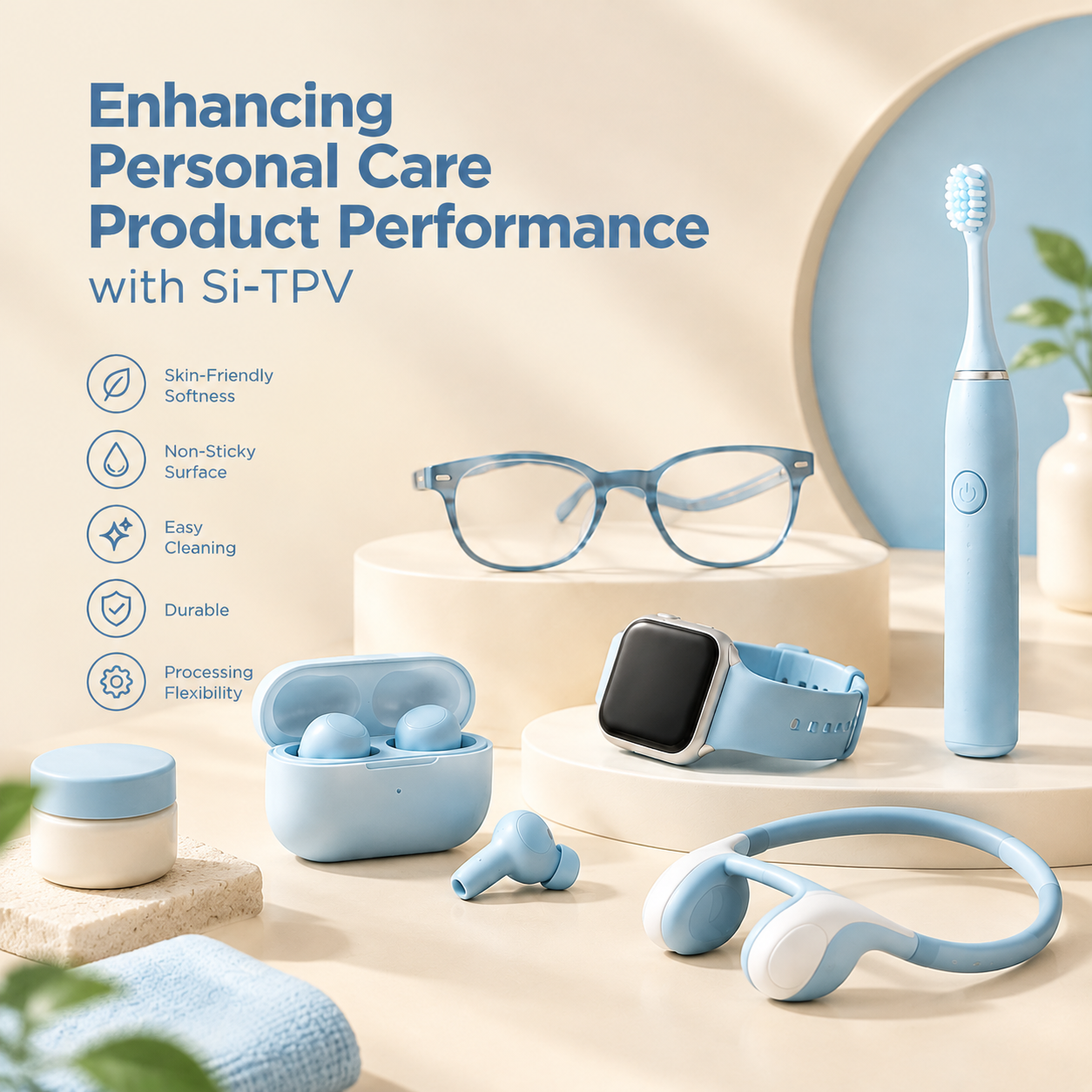 Si-TPV elastomer solutions enhance personal care and wearable products with skin-friendly softness, non-sticky surfaces, easy cleaning, and durable performance.