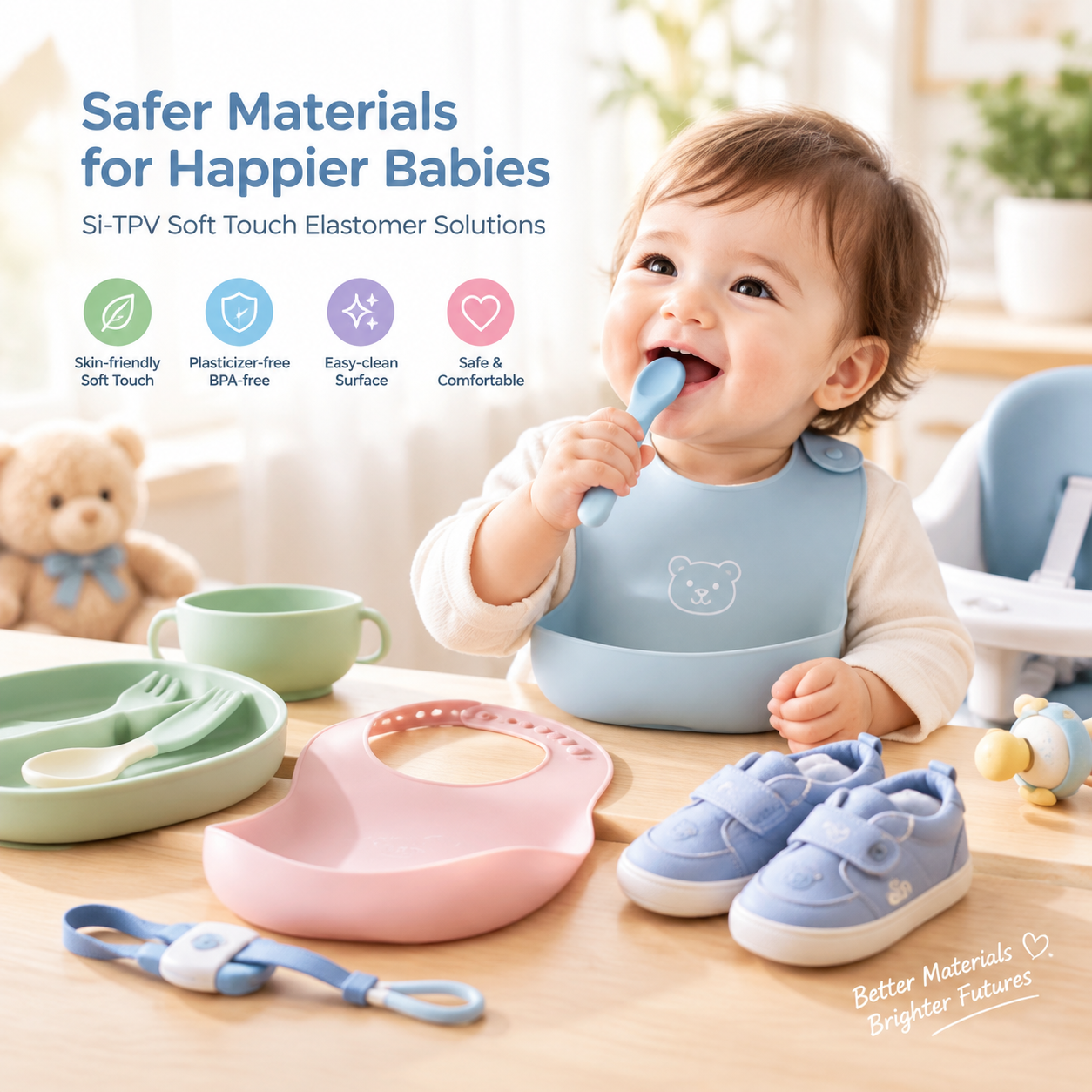 Baby feeding products and accessories made with skin-friendly Si-TPV elastomer, delivering soft touch comfort, easy-clean surfaces, and safer material solutions for daily baby care.
