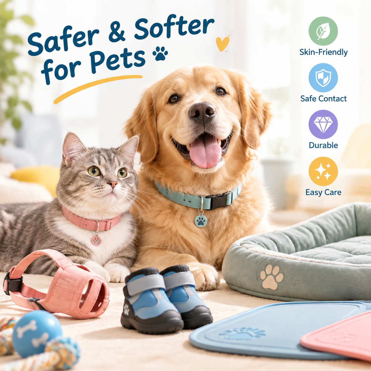 Pet collars, muzzles, paw boots, and mats made with Si-TPV skin-friendly elastomer solutions, providing soft touch, safe contact, durability, and easy-care performance.