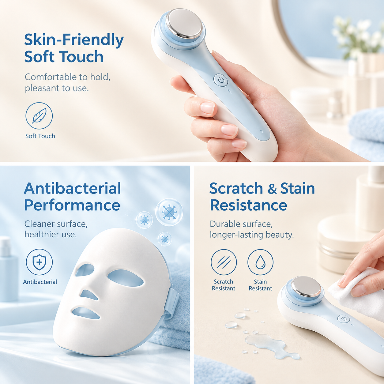 Si-TPV soft-touch elastomers for beauty devices and facial masks, highlighting skin-friendly comfort, antibacterial performance, and scratch and stain resistance.