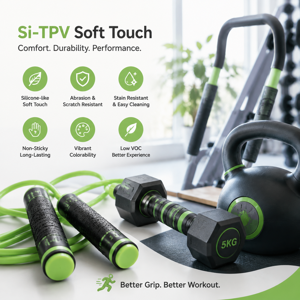 Combining silicone-like comfort, durability, easy cleaning, and reliable performance for modern fitness equipment.