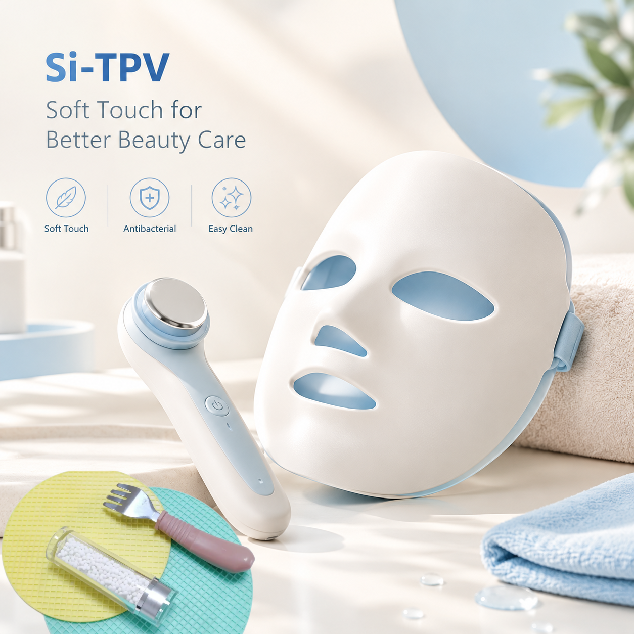 Si-TPV soft-touch elastomers for beauty devices and facial masks, offering a silky feel and easy-clean surfaces.