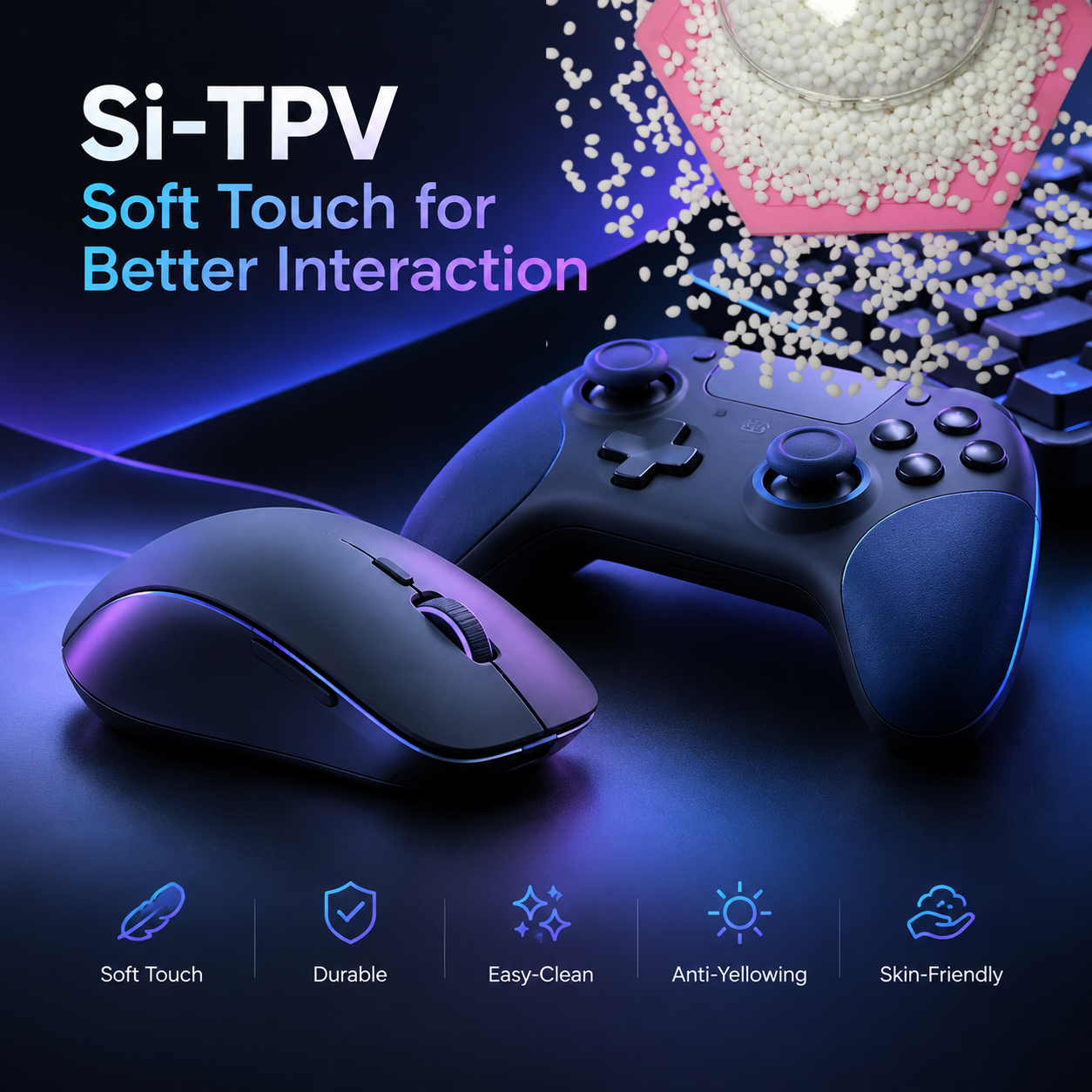 Si-TPV soft touch elastomer solutions for computer mice, gaming controllers, and keyboards, delivering premium comfort, durable surfaces, easy-clean performance, and enhanced user interaction.