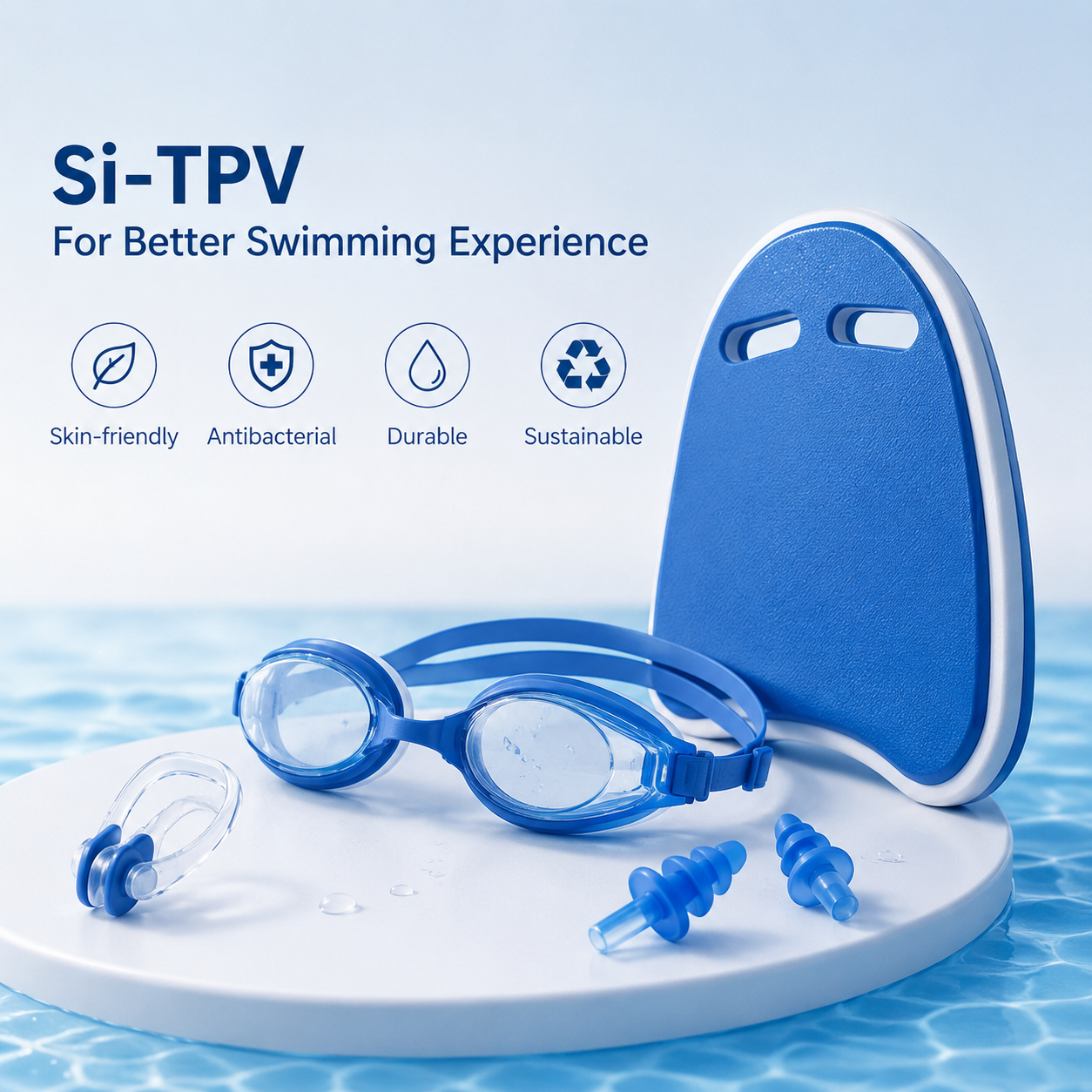 Si-TPV soft-touch elastomer solutions for swimming goggles, earplugs, and kickboards with skin-friendly comfort, antibacterial protection, and durable water-resistant performance.