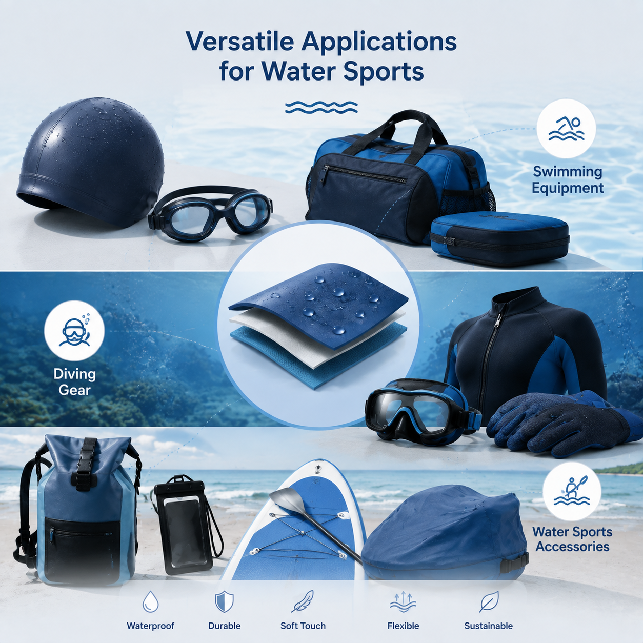 Explore Si-TPV Film & Fabric Lamination solutions for swim gear, diving equipment, and water sports accessories with comfort, durability, and waterproof performance.