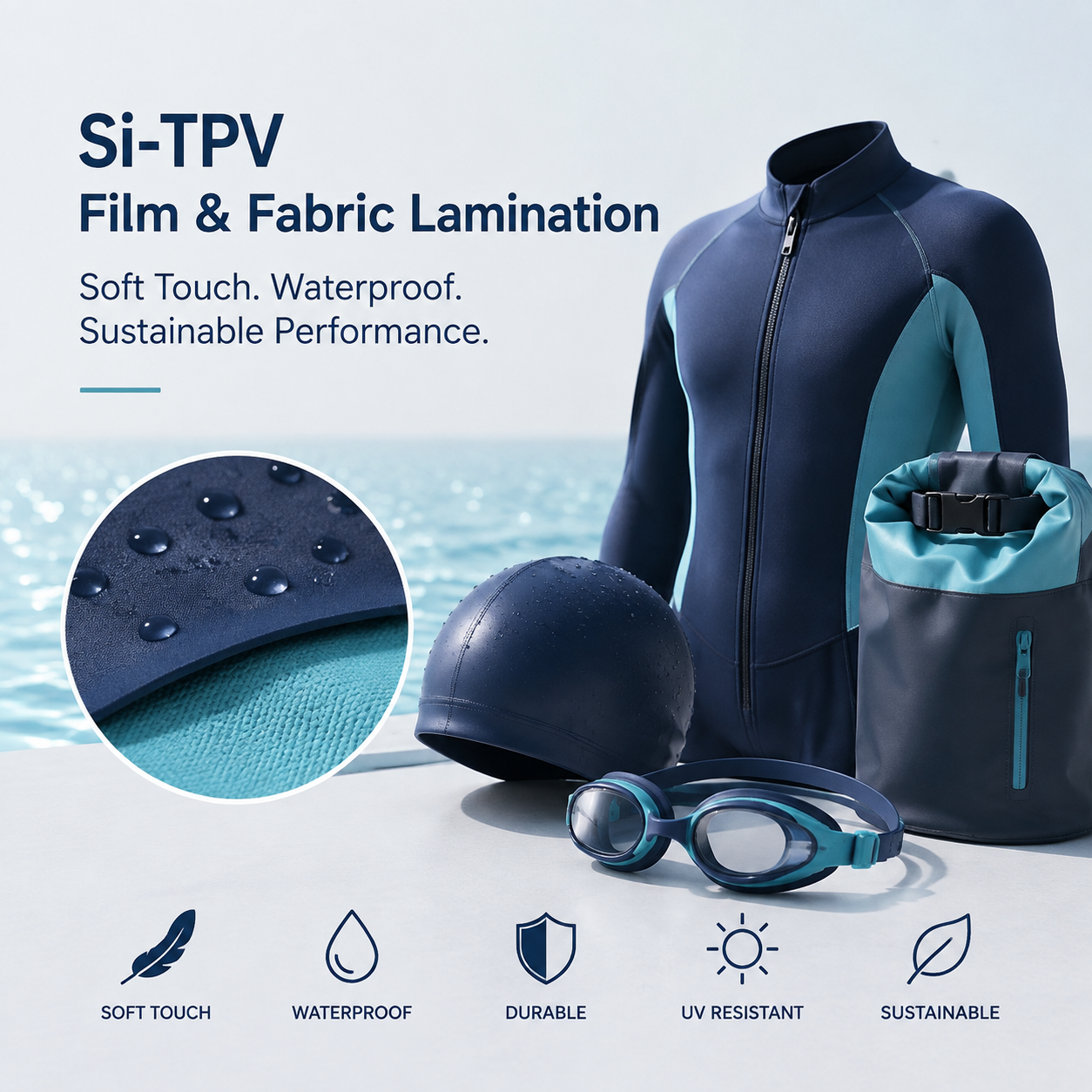 Si-TPV Film & Fabric Lamination enhances swim and dive products with soft touch, waterproof durability, and sustainable performance.