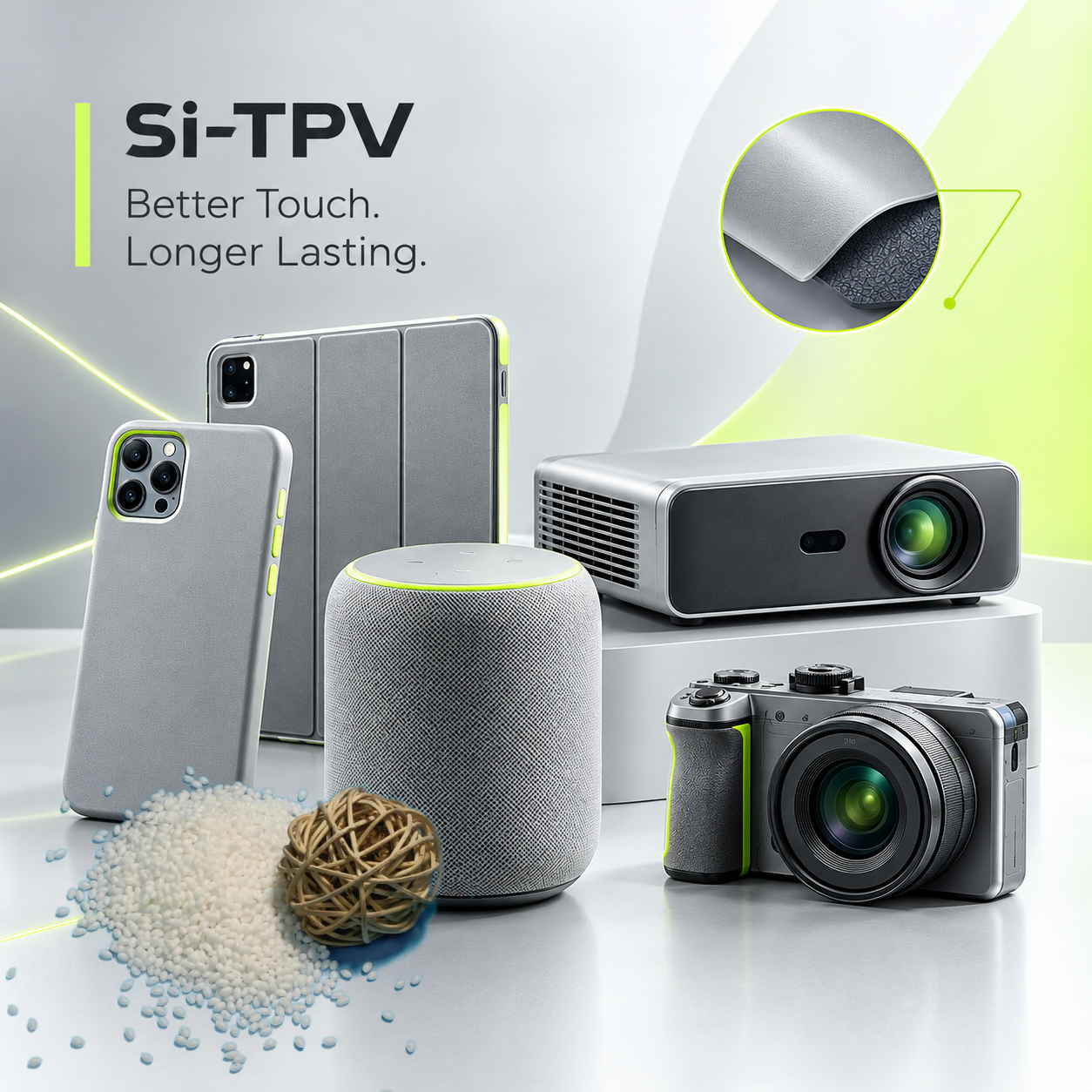 Si-TPV soft-touch elastomers for smartphone cases, tablets, smart speakers, projectors, and cameras, offering a comfortable feel and durable surface appearance.