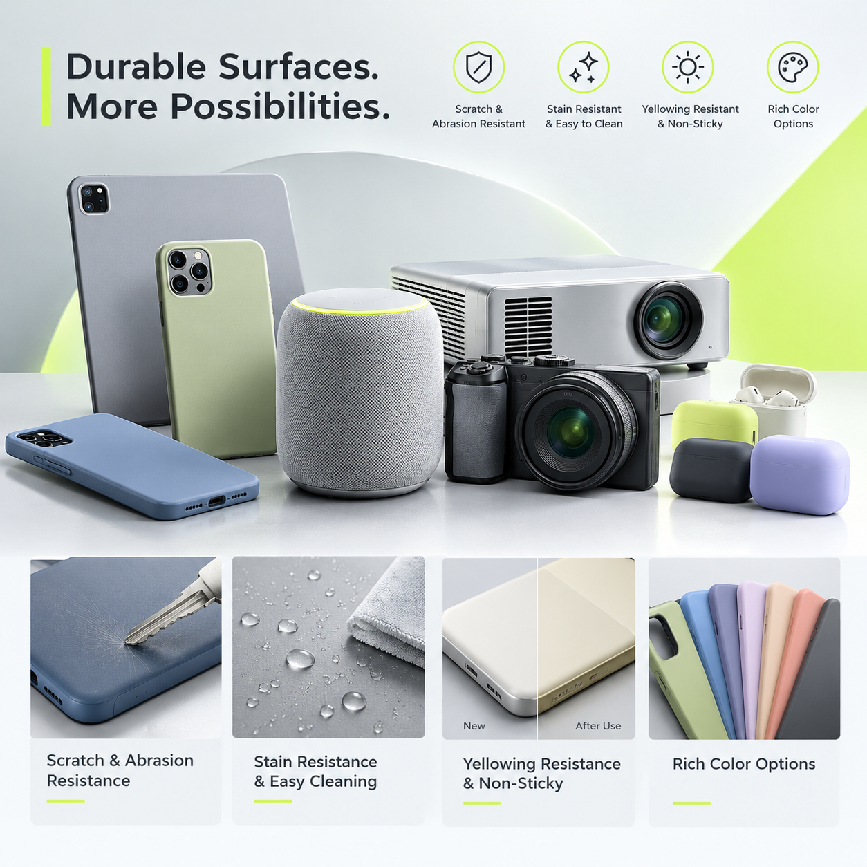 Si-TPV soft-touch elastomers for electronic protective cases and housings, highlighting scratch and abrasion resistance, stain resistance, easy cleaning, yellowing resistance, non-sticky surface feel, and versatile color options.