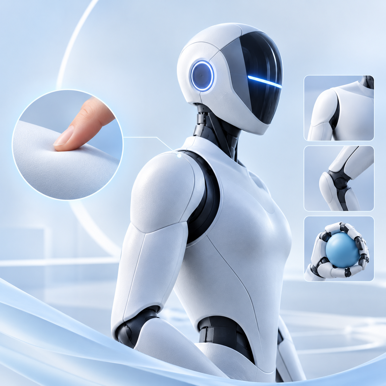 Short Description: Si-TPV silicone-based thermoplastic elastomer for humanoid robot skin, supporting a skin-like soft touch, flexible joint coverings, and anti-slip end-effector applications.