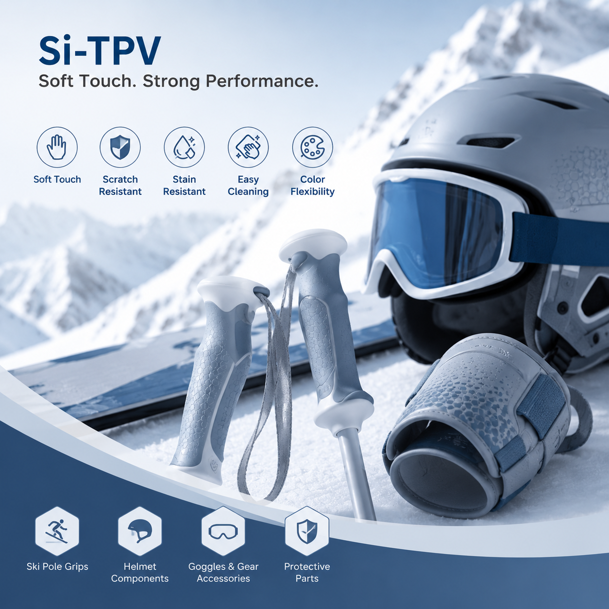 Si-TPV soft touch elastomer materials enhance ski equipment with scratch resistance, stain resistance, easy cleaning, and durable outdoor performance.