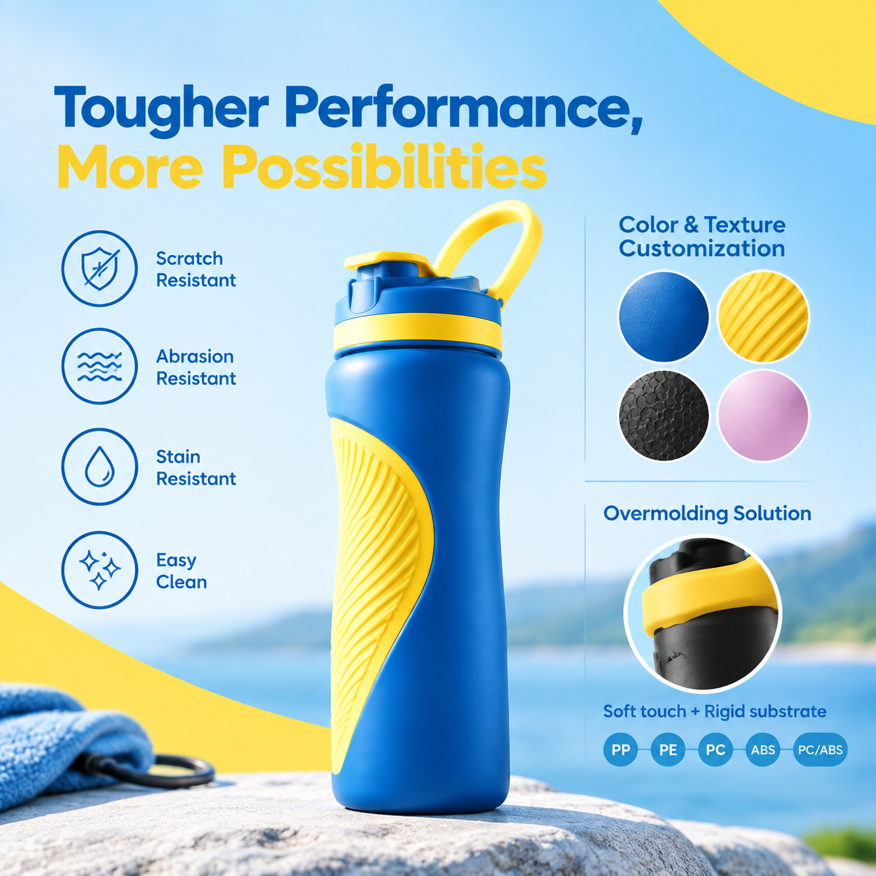 Sports Water Bottle with Si-TPV Overmolding Elastomer for Scratch Resistance, Easy Cleaning, and Custom Design Performance