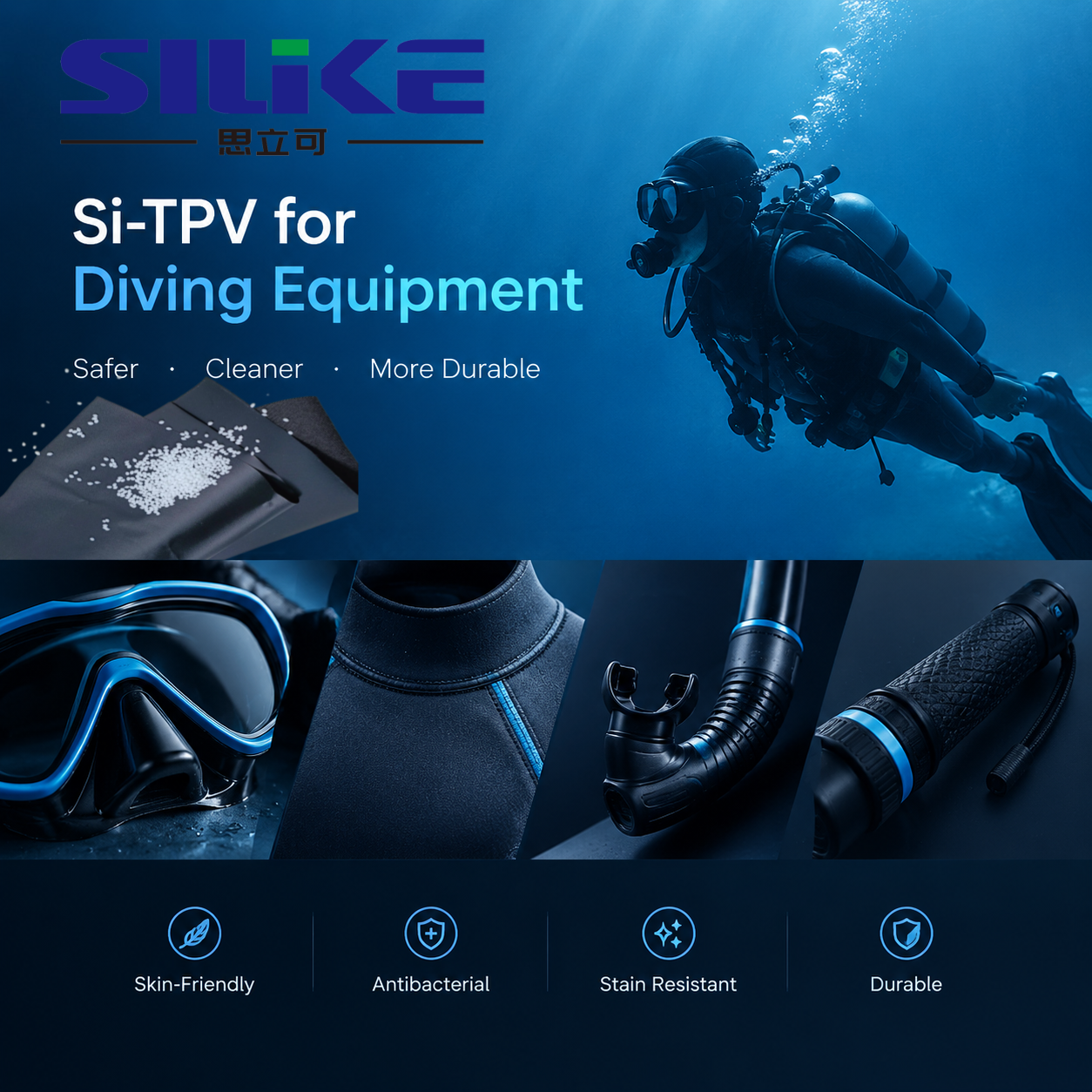 Si-TPV elastomer solutions for diving gear, delivering skin-friendly comfort, antibacterial protection, stain resistance, and durable soft-touch performance.