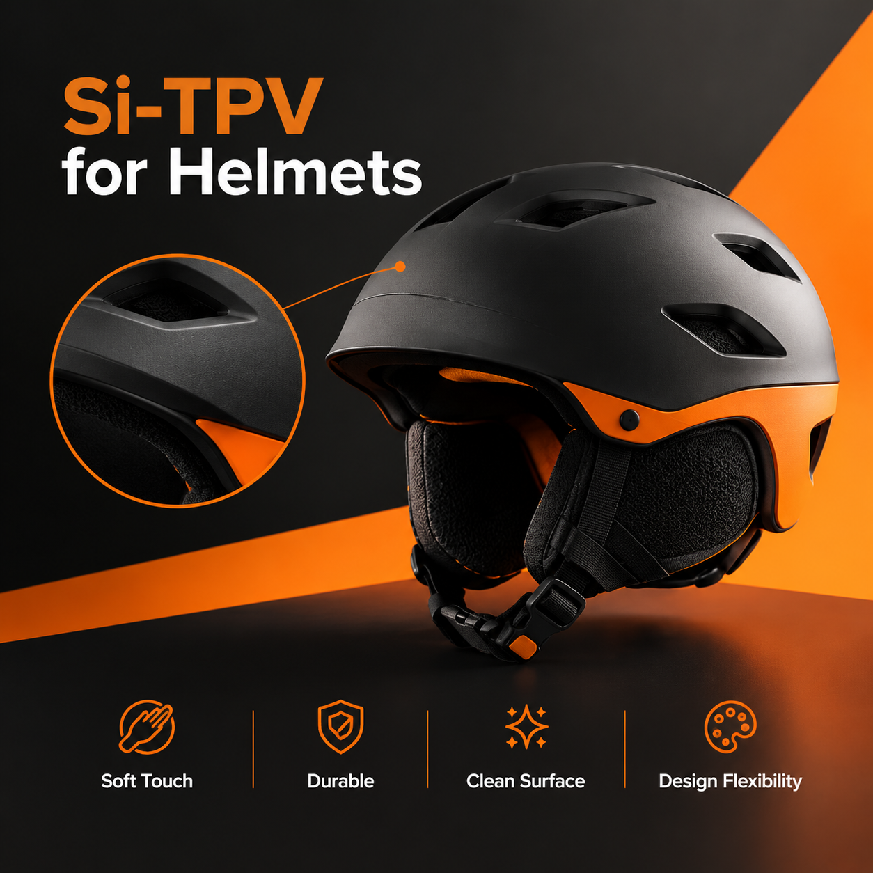Sports helmets with Si-TPV elastomer components for enhanced comfort, scratch resistance, stain resistance, and durable surface performance.