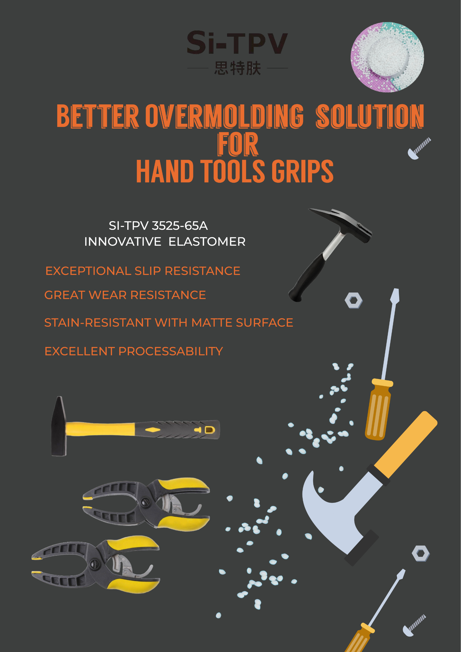 Slip-Resistant Overmolding Material, Soft-Touch Overmolding Material, Hand Tool Grips Overmolding Material, Sustainable Overmolding Material, Si-Tpv Overmolding Lightweight,