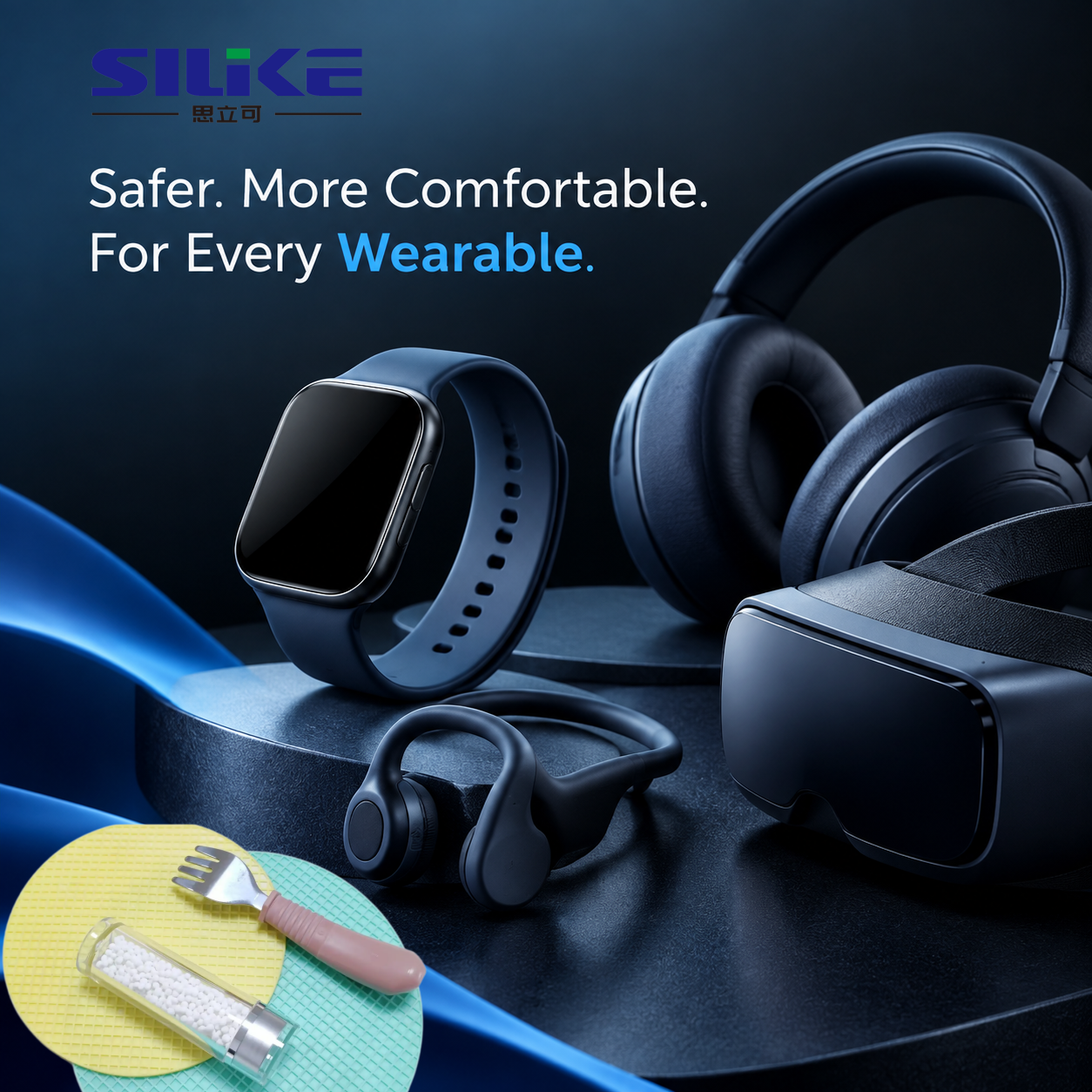 Wearable devices using Si-TPV elastomer solutions for skin-friendly comfort, sweat resistance, and long-term wearing experience.