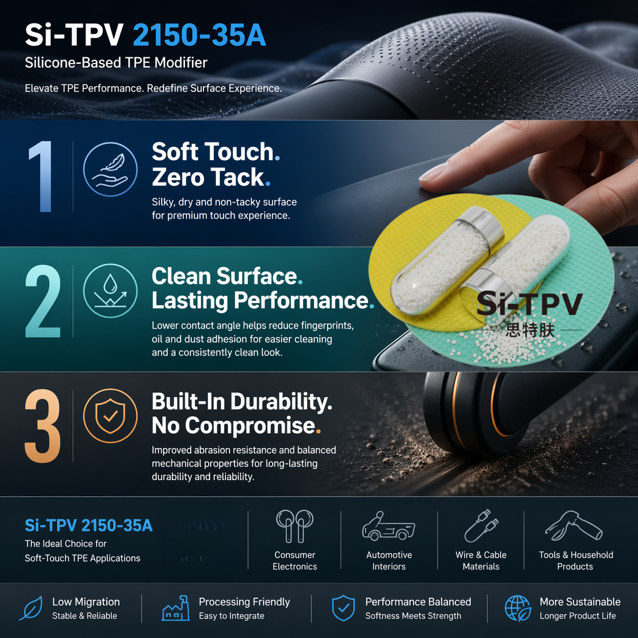 Si-TPV improves TPE surface stability and reduces tackiness.