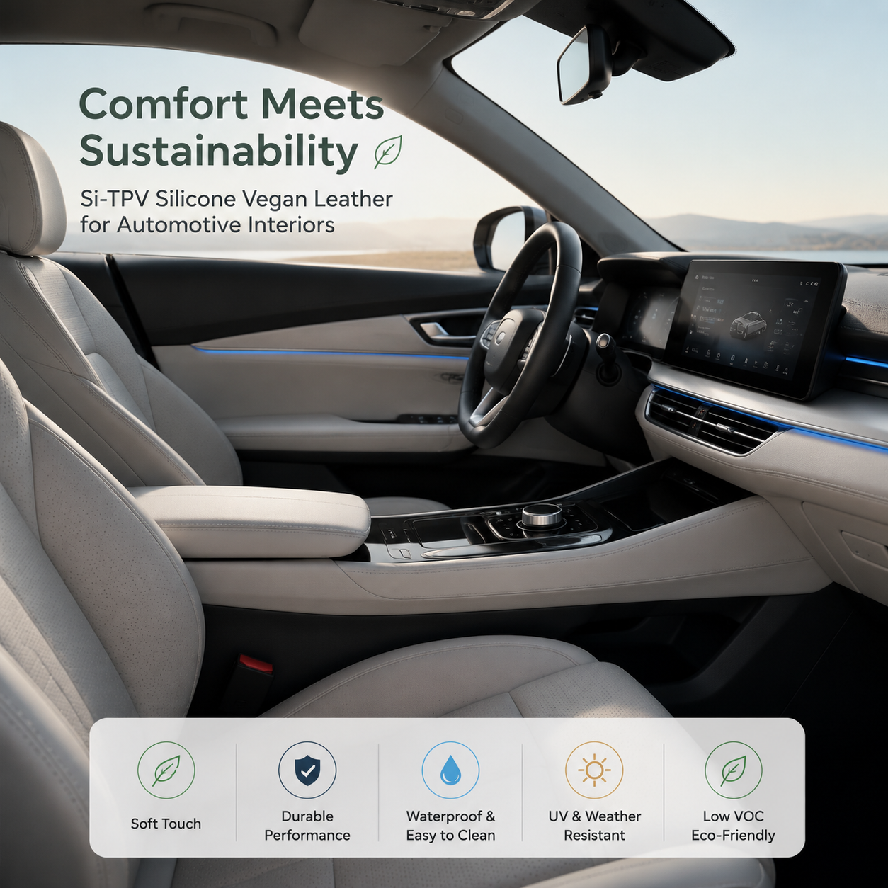 Si-TPV Silicone Vegan Leather enhances modern vehicle cabins with soft touch, durable performance, and eco-friendly material innovation.