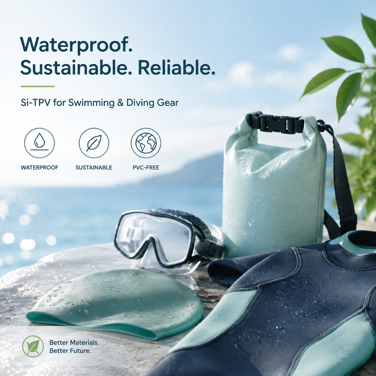 Si-TPV Silicone Vegan Leather delivers soft touch, waterproof performance, and sustainable material solutions for swimming, diving, and water sports gear.
