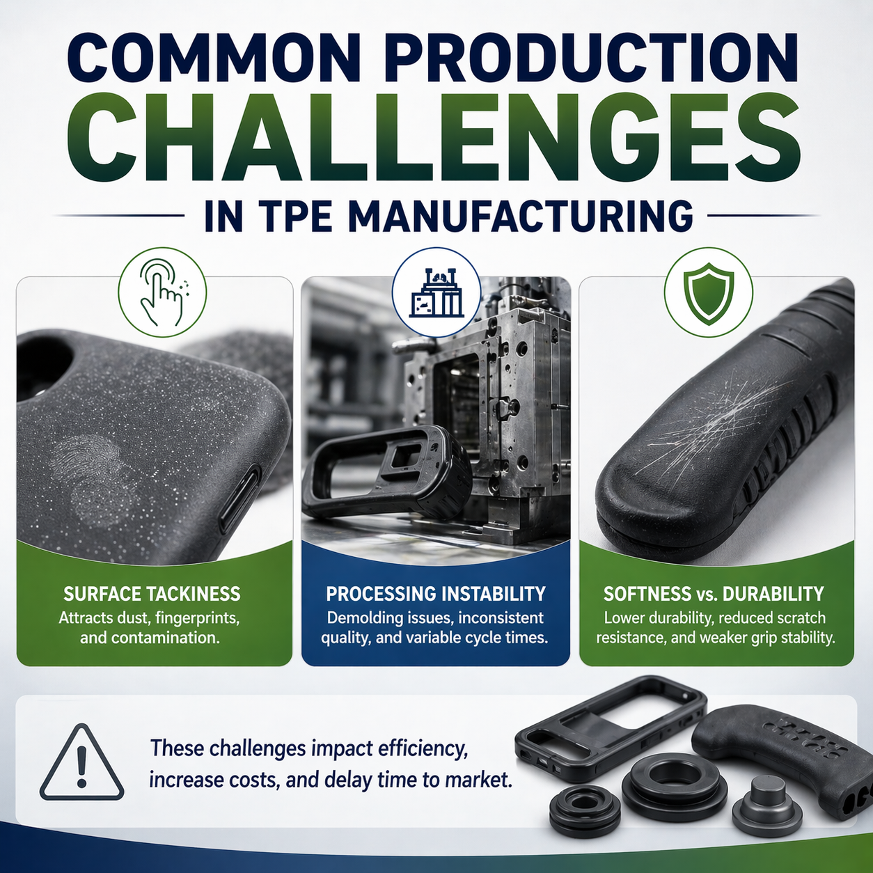 Surface instability and processing issues limit conventional TPE performance.