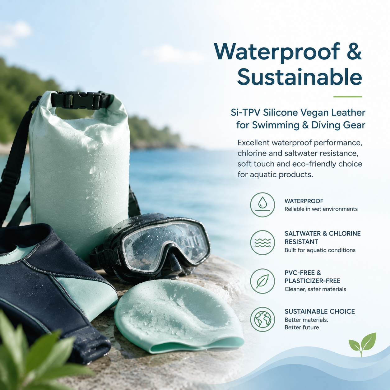Si-TPV Silicone Vegan Leather enables durable, soft-touch, and eco-friendly solutions for swimming and diving products.
