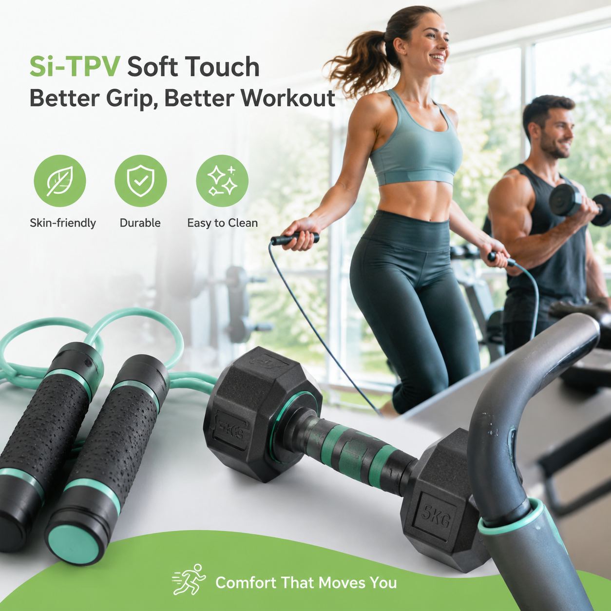 Enhancing fitness equipment with soft-touch comfort, durable performance, and hygienic grip experiences.