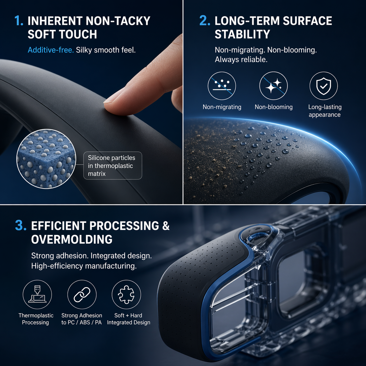 Stable non-tacky silicone elastomer improves processing and durability.