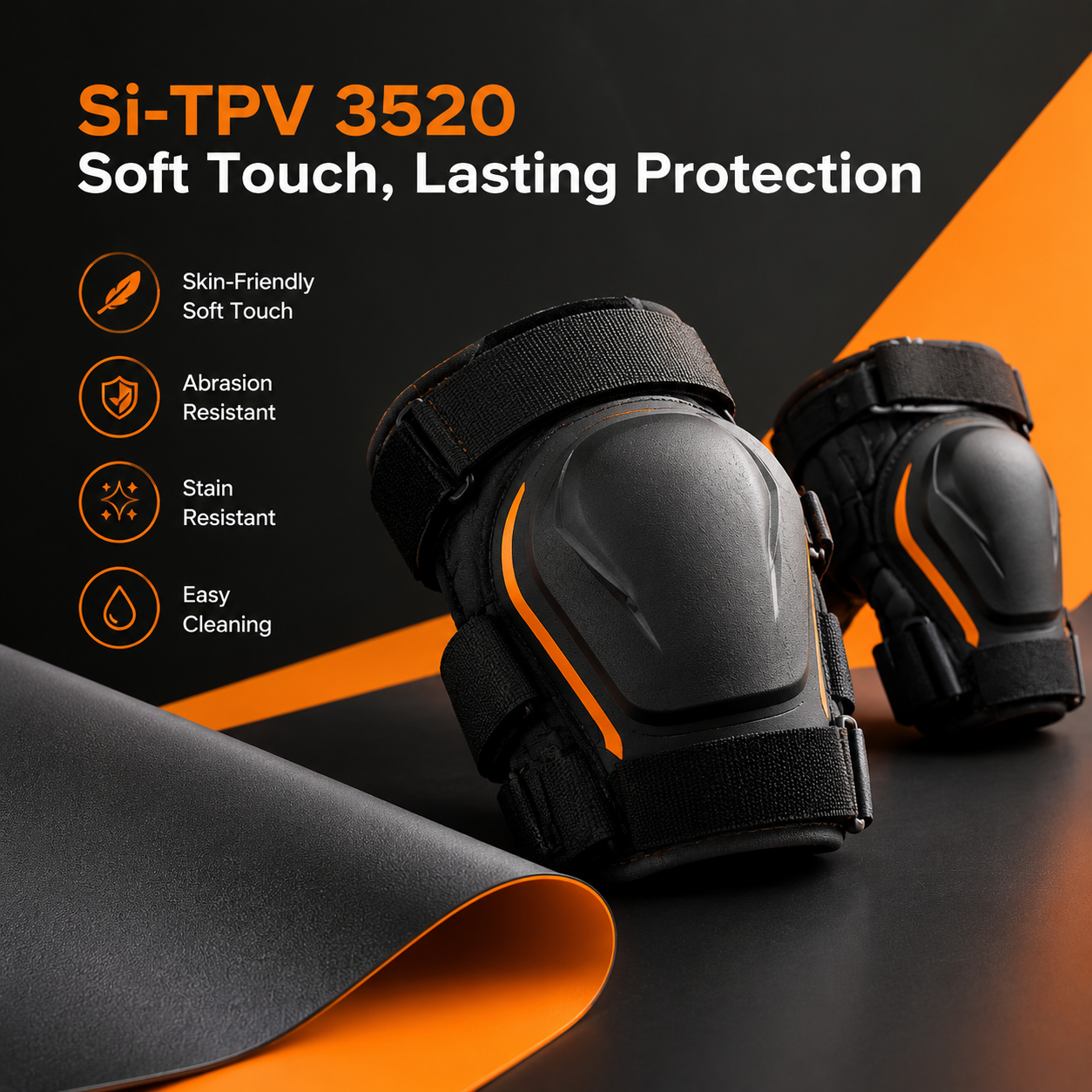 Protective gear with Si-TPV 3520 elastomer layer delivering skin-friendly softness, abrasion resistance, stain resistance, and durable outdoor performance.