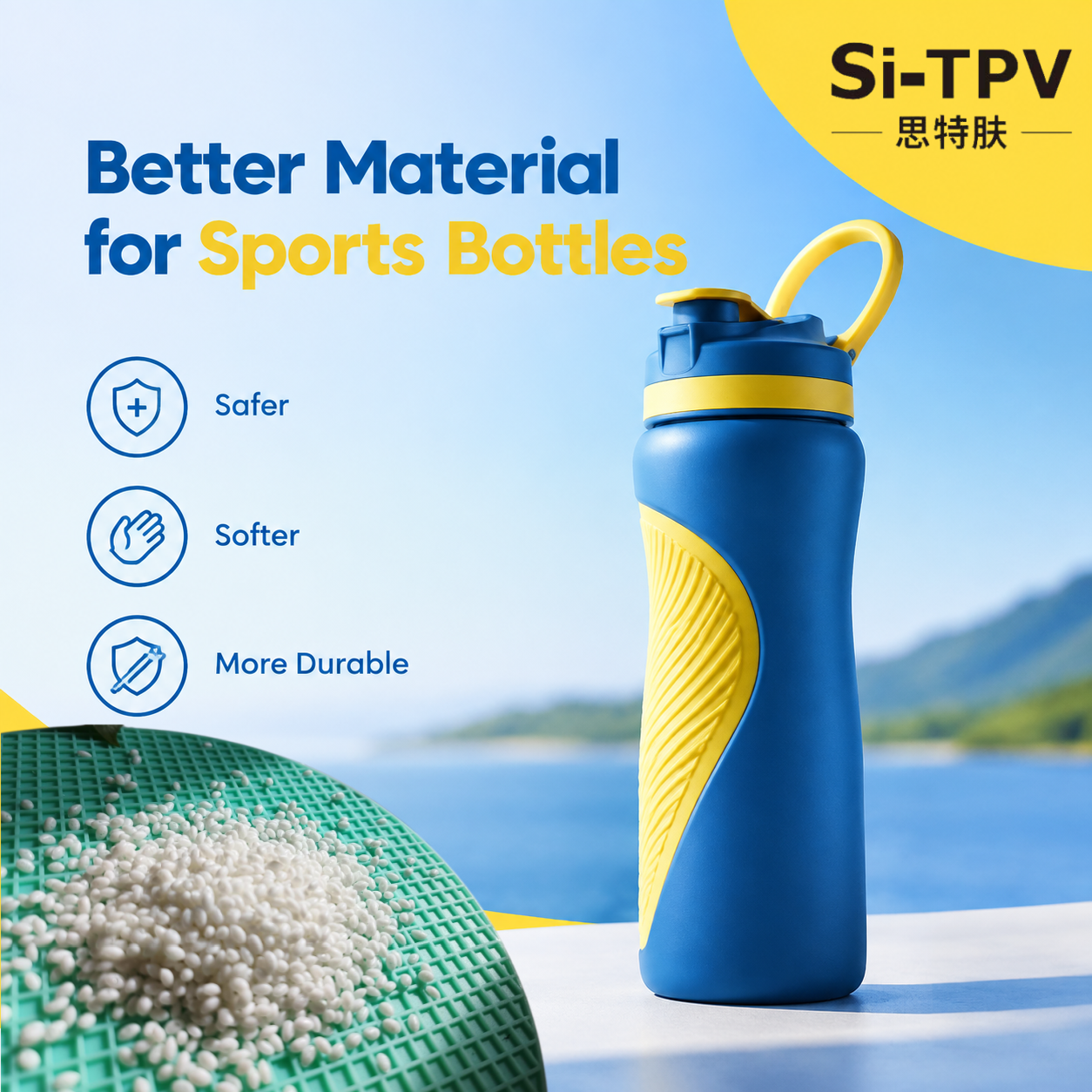 Sports Water Bottle with Si-TPV Soft Touch Elastomer for Safer Grip, Enhanced Comfort, and Durable Surface Performance