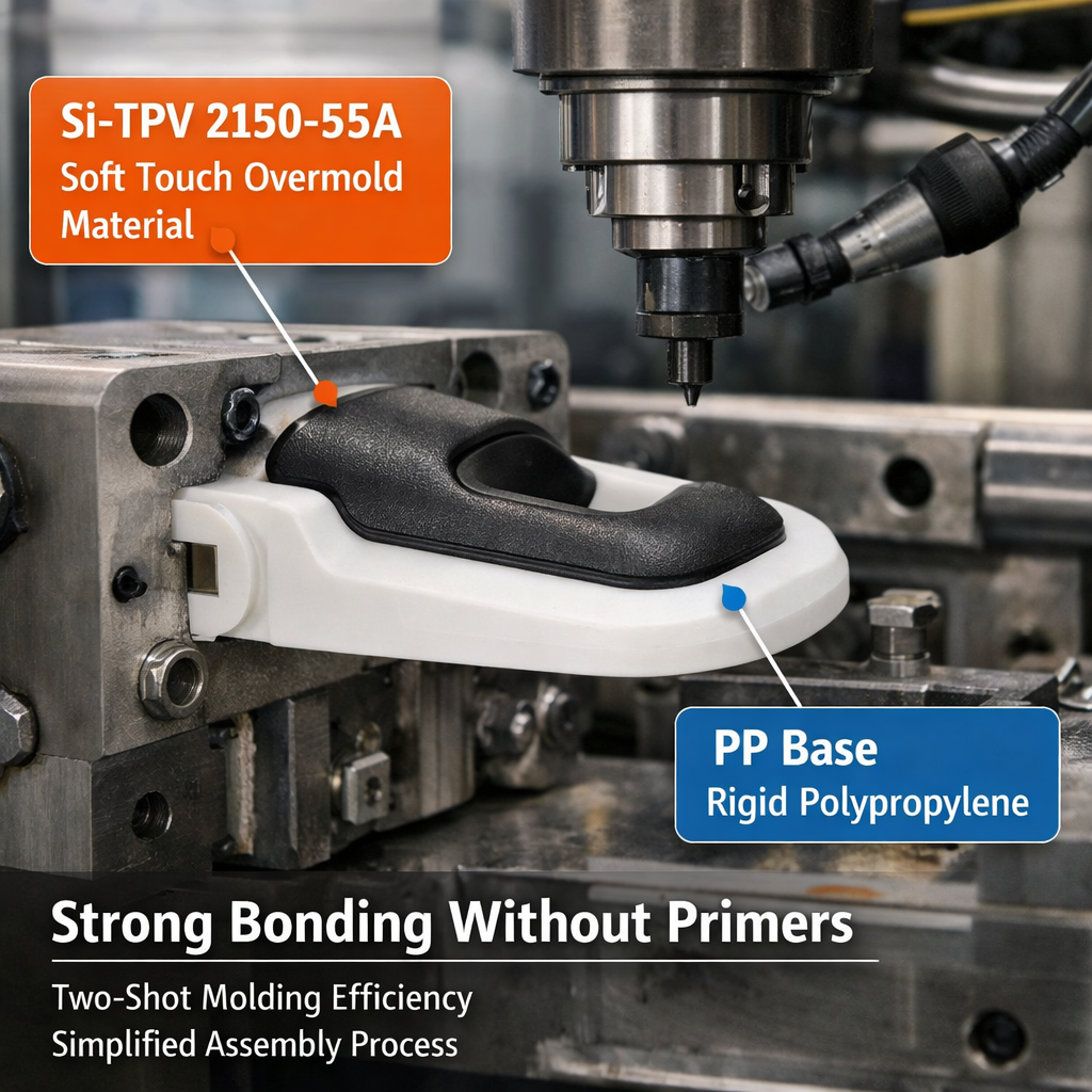 Many conventional soft materials often require primers, adhesives, mechanical locking structures, or extra assembly steps when paired with PP or PE parts. These additional processes may increase tooling complexity, labor input, and potential long-term risks such as delamination, displacement, or inconsistent sealing behavior.
Si-TPV 2150-55A is designed as a PP soft touch overmold material and non polar plastic bonding material for selected substrates under suitable processing conditions. By simplifying two shot molding elastomer workflows, manufacturers may potentially reduce assembly steps while achieving cleaner product structures and more efficient production flow.